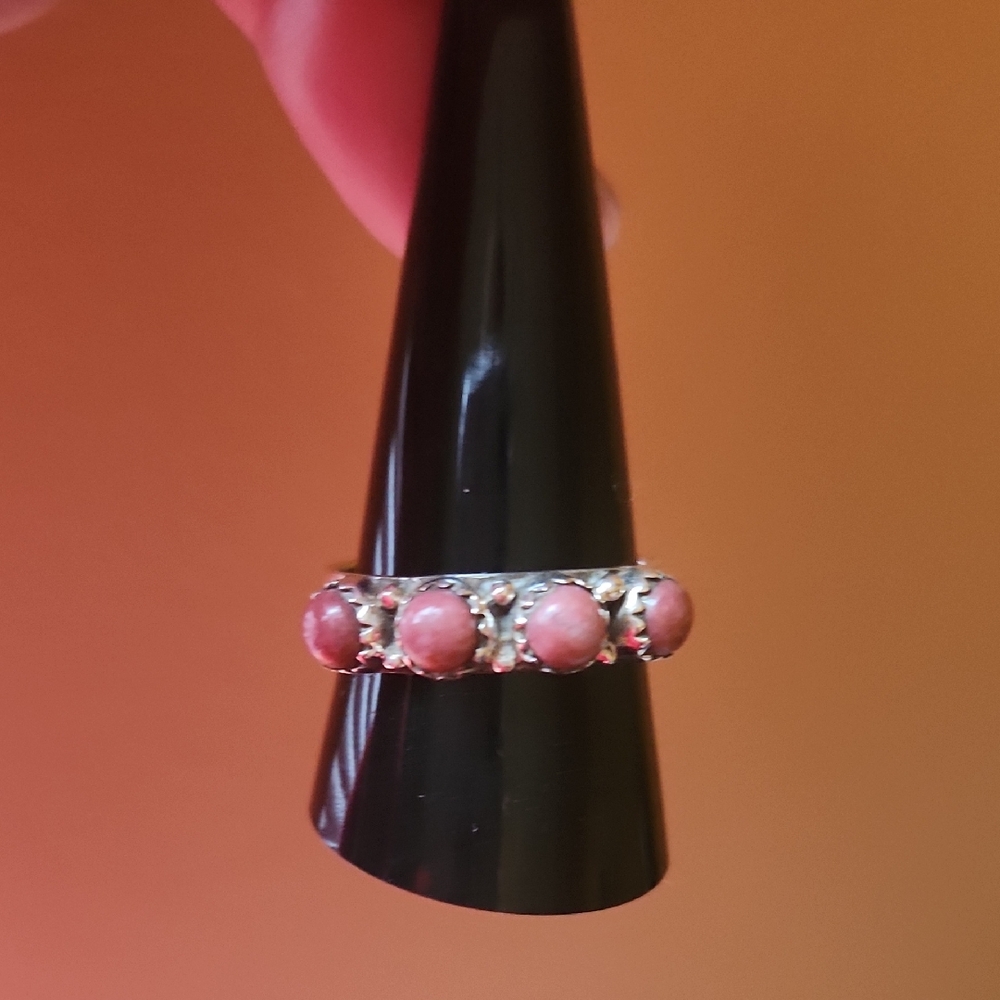 .925 Sterling Silver Band Ring With Channel Set Geniune Rhodochrosite